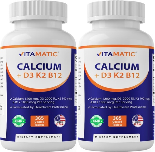 [BRSREFA7DIFRQETL] Vitamatic Calcium Supplement 1200mg with D3, K2 & B12, Immune & Bone Health Support - 365 Coated Tablets- 2 Pack