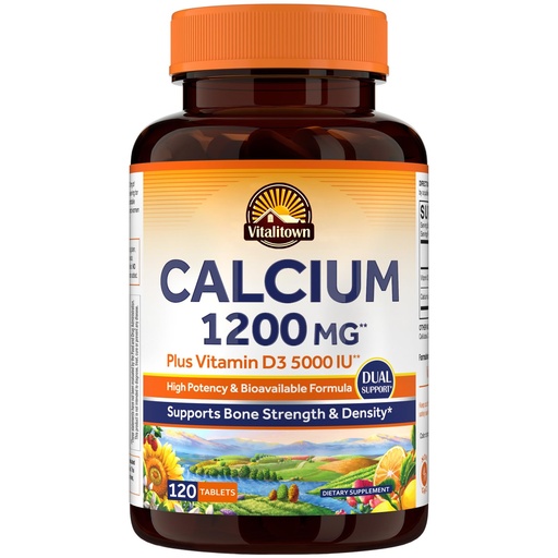 [BRSREFL6C4JWYYLD] Vitalitown Calcium 1200 mg with Vitamin D3 5000 IU, Supports Bone Strength, Teeth & Immune System, Maximum Absorption, Calcium Carbonate, Easily Absorbable for Women & Men, 120 Tablets