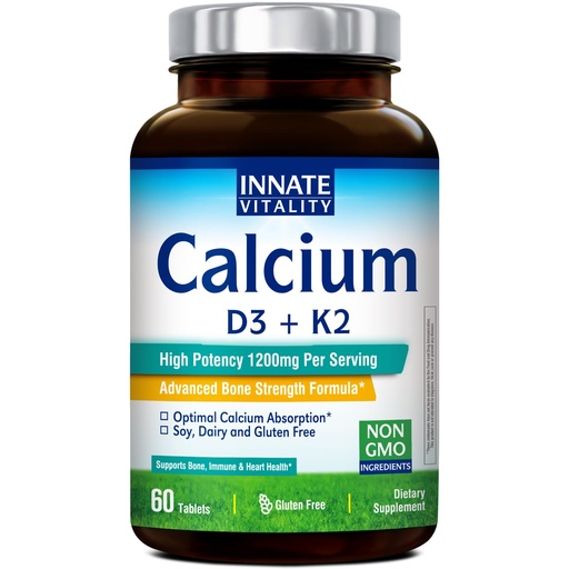 [BRSREGQBOJYRAAYV] Innate Vitality Calcium Supplement, 1200 mg High Potency with 5000 IU Vitamin D3 & K2 MK7, Enhanced Absorption, for Bone Density, Strength & Immunity, Non-GMO, Easy to Swallow, 60 Tablets