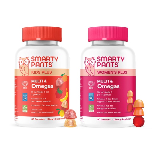 [BRSRECQQCN4GGF3Z] SmartyPants Family Daily Nutrition Bundle: Kids + Women’s Multivitamin Gummies with Omega-3, Vitamins D3, B12, A & Zinc – Gluten Free, Non-GMO, Clean Label Certified, 60 & 90 Count (Pack of 2)
