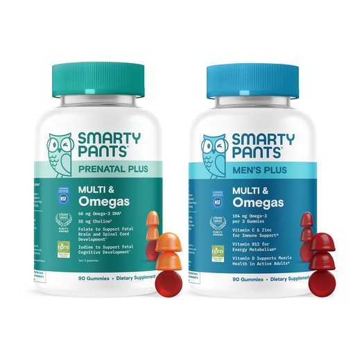 [BRSRECQQC4MB6HT2] SmartyPants Prenatal & Men’s Daily Nutrition Bundle: Multivitamin Gummies with Omega-3, Methylfolate, Vitamins D3, B12, C, A & Zinc – Clean Label, Gluten Free, 90 Count Each (Pack of 2)