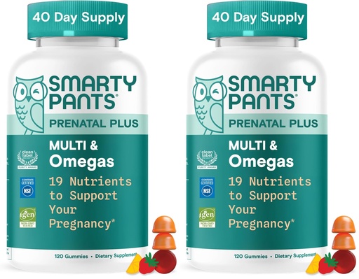 [BRSRGGQNOZYW2YLJ] SmartyPants Prenatal Multivitamin Gummies, Omega 3 (DHA/EPA), Methylfolate, Biotin, Vitamin D3, C, Vitamin B12, B6, A, K & Zinc, Gluten Free, 120 Count (40 Day Supply) (Pack of 2)