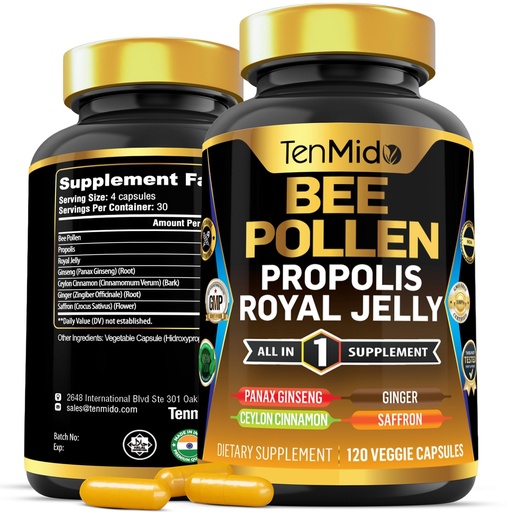 [BRSRAGD3CN5AY3L4] Bee Pollen Capsules Supplement - 7in1 Formula - Combine with Propolis, Royal Jelly, Panax Ginseng, Ceylon Cinnamon, Ginger, and Saffron - Digestive Health, Immune Support - 120 Capsules