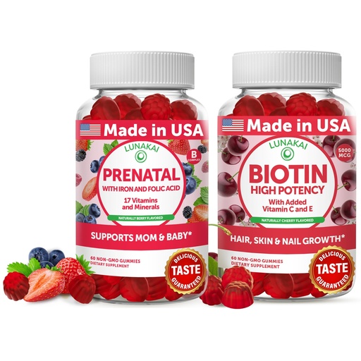[BRSRMGQTCIBAMD33] Lunakai USA Made 17-in-1 Prenatal Vitamins and Biotin Gummies Bundle - Delicious Daily Prenatal Gummies for Maternal Wellness Support, 60ct