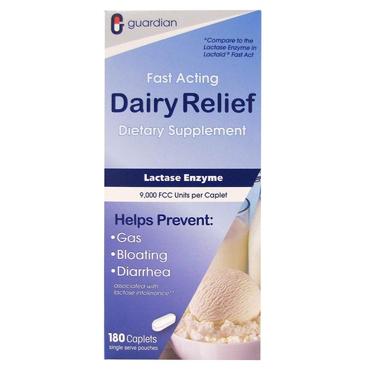 [BRSWGFI2PIJR6A3V] guardian Dairy Relief Fast Acting Lactase, 180 Caplets, 9000 FCC Maximum Strength, Lactose Intolerance Pills, Lactase Enzyme (180 CT)