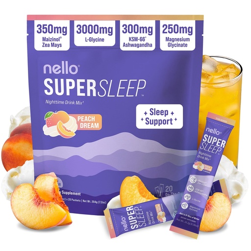 [BRSRGHYCDN6QME33] Nello Supersleep, Nighttime Sleep Support Drink Mix, Ashwagandha, Maizinol, L-Glycine, Magnesium Glycinate, Peach Dream (Pack of 20)