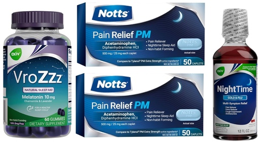 [BRSREGT3DIPW2ELZ] AXIV Sleep Aid & Pain Relief Bundle - VroZzz Melatonin Gummies, Nighttime Cold & Flu Liquid, and PM Extra Strength Pain Relief Caplets