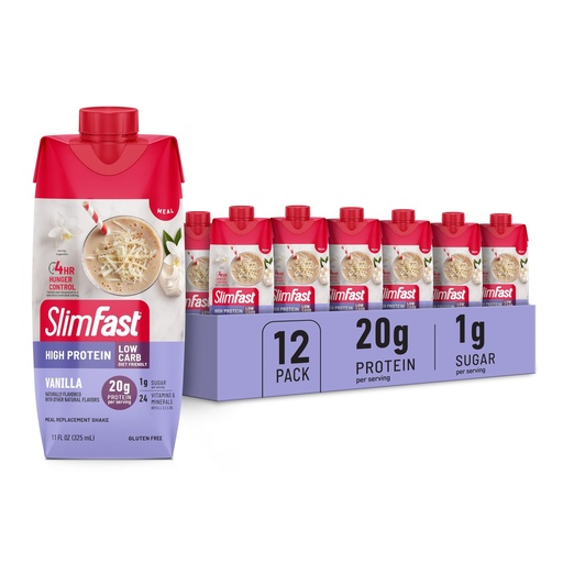 [BRSRMHTQBN7WGFLG] SlimFast Protein Shake, Vanilla- 20g Protein, Meal Replacement Shake Ready to Drink, High Protein with Low Carb and Low Sugar, 24 Vitamins and Minerals, 12 Count (Pack of 1) (Packaging May Vary)