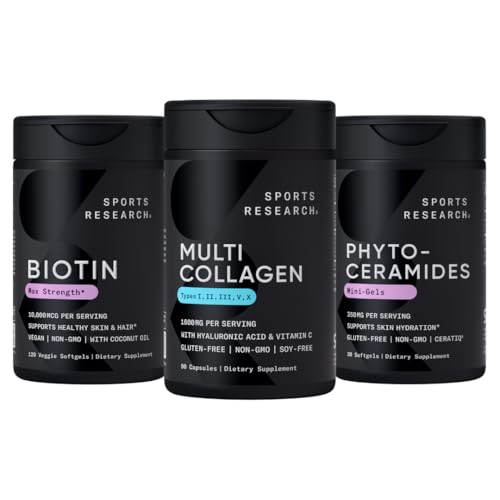 [BRSRAHQZPIPGAHYU] Sports Research® Women's Supplement Pack - Vegan Biotin 10,000mcg with Coconut Oil, Hydrolyzed Collagen Peptides with Hyaluronic Acid + Vitamin C & Phytoceramides 350mg per Softgel