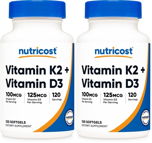 [BRSRGFIFAQCRSHTH] Nutricost Vitamin K2 (MK7) (100mcg) + Vitamin D3 (5000 IU) 120 Softgels - Gluten Free and Non-GMO (Pack of 2)