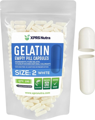 [BRSWYYD3OEFRQCA3] XPRS Nutra Size 2 Empty Capsules - 100 Count Empty Gelatin Capsules - Pills DIY Capsule Filling - Pure Bovine Pill Gel Caps for Do-It-Yourself Supplements (White)