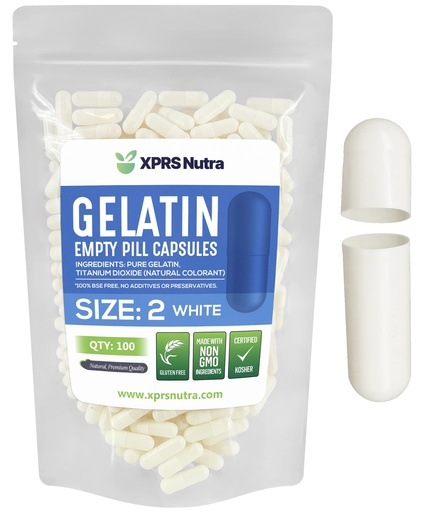 [BRSWYYD3OEFRQCA3] XPRS Nutra Size 2 Empty Capsules - 100 Count Empty Gelatin Capsules - Pills DIY Capsule Filling - Pure Bovine Pill Gel Caps for Do-It-Yourself Supplements (White)