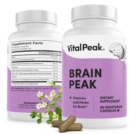 [BRSRE2QLDEOWCFLB] Vital Peak® Brain Peak - Brain Supplements for Memory and Focus - Supports Brain Health - with Niacin, GABA, Alpha GPC, L-Tyrosine, Bacopa Monnieri - Vegan, Gluten Free, Dairy Free - 60 Capsules