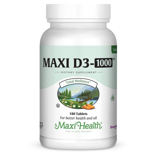 [BRSWIYAKCUOQYH36] Maxi Health Vitamin D3 1000 IU Dietary Supplement - Easy to Swallow - Odorless & Tasteless - Supports Calcium Absorption, Immune Health and Bone Health in Adult Women & Men - 180 Tablets