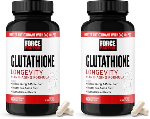 [BRSRGCYZCMNQYFY3] Force Factor Glutathione Longevity & Anti-Aging, Reduced Glutathione Supplement with CoQ10 & PQQ, Master Antioxidant Formula to Support Immune Health, Skin, Cellular Energy & Liver Detox, 60 Capsules