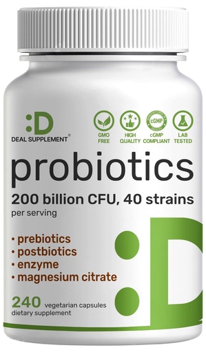 [BRSRG2TRO4JQAE33] DEAL SUPPLEMENT Probiotics for Women & Men, 200 Billion CFU Per Serving, 240 Vegetarian Capsules, 4 Month Supply | 40 Strains with Prebiotics, Enzymes & Magnesium Citrate | Non-GMO, Gluten Free