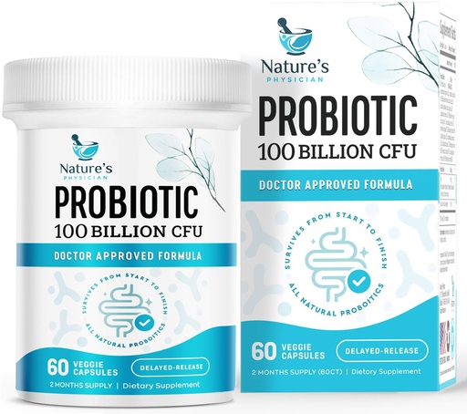 [BRSREYD6OECQY2D5] Nature's Physician Probiotics - 100 Billion CFU Per Capsule - 16 Strains + Prebiotics - Best Probiotic Supplement for Women & Men - Supports Immune, Digestive Health, Constipation & Gas - 60 Capsules