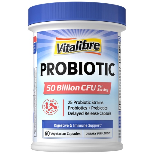 [BRSRACAECUHAO3DX] Vitalibre Probiotic for Women and Men, 50 Billion CFU, 25 Diverse Strains Plus Prebiotics, for Digestive Health & Immune Support, Delayed Release, No Refrigeration Needed, 60 Veggie Capsules