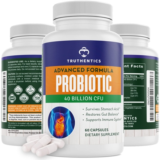 [BRSWYCQQBMBWYCAZ] TRUTHENTICS Probiotic 40 Billion CFU with Prebiotics - Bifidobacterium Lactobacillus Acidophilus Paracasei Probiotics for Men & Women - Shelf Stable - 60 Vegan Capsules
