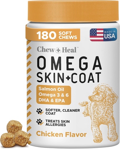 [BRSWYZQ7C54BOEY3] Óleo de salmão para cães - 180 mastigar macio Omega Doces para pele e casaco - mistura de óleo de peixe de ácidos gordos essenciais, Omega 3 e 6, vitaminas, antioxidantes e minerais - Made in USA