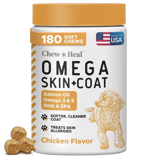[BRSWYZQ7C54BOEY3] Omega 3 Fish Oil for Dogs - 180 Soft Chews for Itch Relief, Shedding & Hot Spots - Skin and Coat Supplement - Salmon Oil, EPA & DHA - Allergy Chews - Made in USA - Chew + Heal