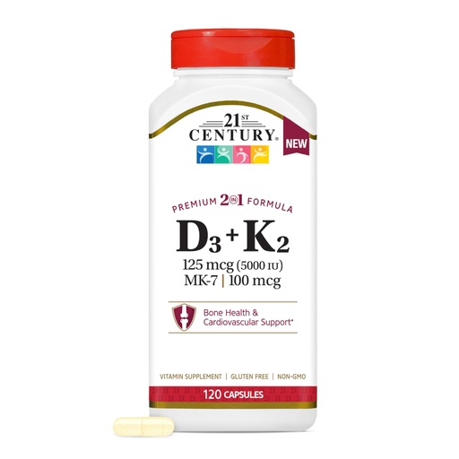 [BRSREGL6CUOWYF3K] 21st Century Vitamin D3 125 mcg + K2 100 mcg, (120 Count), Bone, Teeth & Heart Support, Non-GMO, 2 in 1 Vitamin D3 5000 IU + K2 Formula, Milk, Lactose, Soy, Wheat, & Gluten Free, 120 Serv