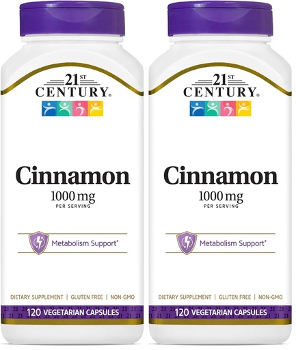 [BRSRAY3ROADQ43L7] 21st Century 1000 mg Cinnamon Vegetarian Capsules, Cinnamon Supplements Supports Sugar Metabolism, Gluten-Free, Non-GMO, No Added Preservatives or Artificial Flavors, 120 Count (Pack of 2)