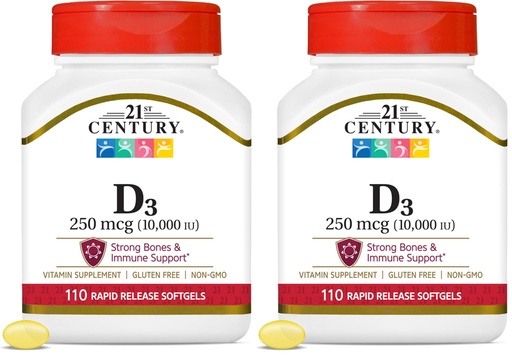 [BRSRAYYOO4JQGYLV] 21st Century Vitamin D3 250 mcg (10,000 IU) Rapid Release Softgels, 110 Count (Pack of 2)