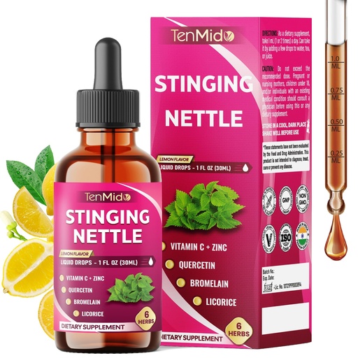 [BRSREGARA55AIDTO] Stinging Nettle Leaf Extract Tincture - 6in1 Herbal Liquid Supplements with Vitamin C, Zinc, Quercetin, Bromelain, and Licorice - Alcohol-Free, Vegan, Non-GMO - 30ml 1 Fl Oz