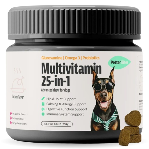 [BRSRGZ37BMHGEF32] 25-in-1 Dog Multivitamin with Omega 3, Glucosamine, Probiotics - Dog Vitamins and Supplements for Hip & Joint, Calming, Allergy Relief, Digestive & Immune Support - 100 Soft Chews, 250g