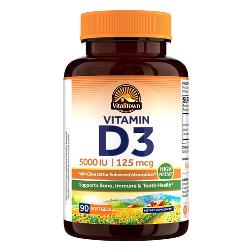 [BRSRABIPAQDRGYLZ] Vitalitown Vitamin D3 125 mcg (5000 IU) High Potency for Bone, Teeth, Heart and Immune Health Support, Olive Oil Based, Non-GMO and No Gluten, 90 Softgels