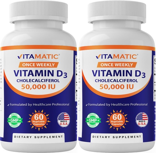[BRSWYEI5OIIQE3DB] Vitamatic 2 Pack Vitamin D3 50,000 IU (as Cholecalciferol), Once Weekly Dose, 1250 mcg, 60 Veggie Capsules 1 Year Supply, Progressive Formula Helping Vitamin D Deficiencies (Total 120 Veg Capsules)