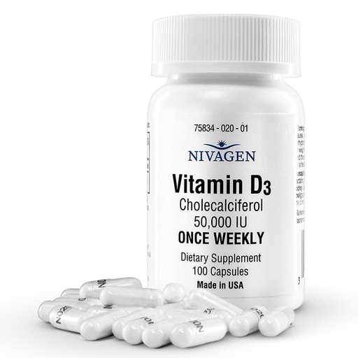 [BRSWIHQRBUOGEYIZ] Nivagen Vitamin D3 50,000 IU (1250 mcg) | Once Weekly Dose | 100 Capsules (100 Weeks, Approx. 2 Years Supply) | Easy to Swallow | Bone, Muscle & Immune Support | Non-GMO, Gluten Free | Made in USA