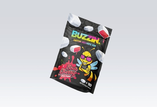 [BRSREGQFO4PQEET6] Buzzin Sour Cherry Energy Gum, Liquid Core, 10 Pieces, Individually Wrapped, Natural Green Tea Caffeine & 40mg L-Theanine