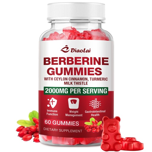 [BRSRABQOBUAR623F] Berberine Gummies 2000mg - Natural Organic Berberine HCL Supplement - Vegan, Non-GMO, Gluten-Free - Delicious Raspberry Flavor - 60 Count