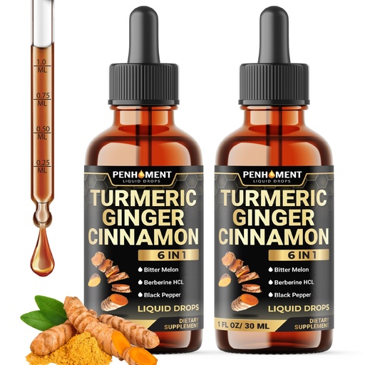 [BRSRACAKBZ7WYETV] 6in1 Liquid Turmeric Curcumin with Ginger, Berberine, Ceylon Cinnamon, Bitter Melon, Black Pepper - Drops Extract for Joint Support - 2Packs of 1 Fl Oz