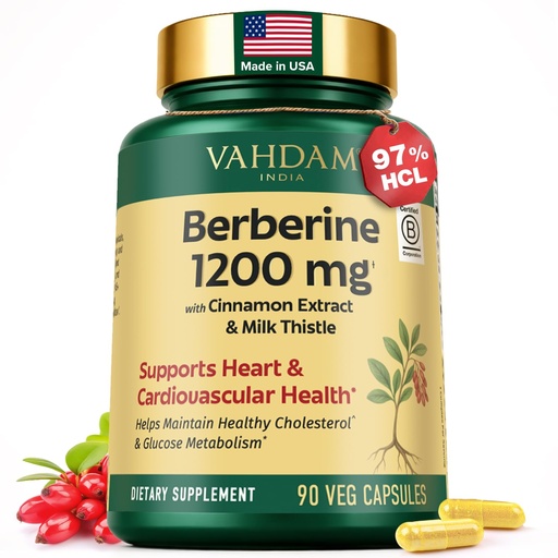 [BRSREHQYBECROCD5] VAHDAM Berberine 97% HCL 1200mg Extract with Cinnamon and Milk Thistle | Supports Heart Health and Helps Maintain Healthy Cholesterol & Glucose Metabolism | 90 Veg Capsules
