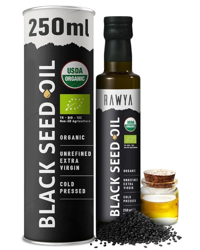[BRSWYZIDDECQID34] RAWYA Black Seed Oil - USDA Organic Certified - Cold Pressed - 8.4 Fl oz - Extra Virgin - Turkish Black Cumin Seed - Premium Nigella Sativa with Thymoquinone - Kalonji - Non-GMO, Gluten-Free - Nutritional Supplements - Extra Strong Taste