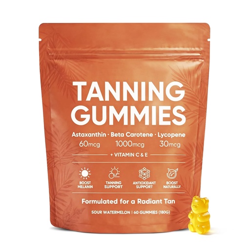 [BRSRGBTQBEIRAHTP] Savanna Skin Tanning Gummies, with Astaxanthin, Lycopene & Vitamins, Skin Radiance & Hydration for Natural Looking Glow, Non-GMO Vegan Sugar-Free, 60 Count