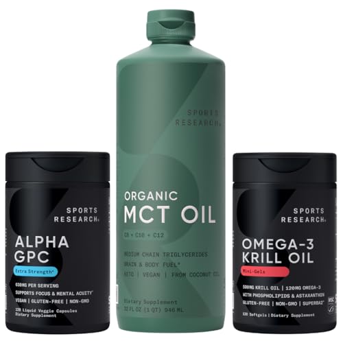 [BRSREAT5PMBRSADD] Sports Research® Brain Fuel Pack - Extra Strength Alpha GPC 630mg + Omega-3 Krill Oil 500mg Mini Gels + Organic MCT Oil (C8, C10, C12)