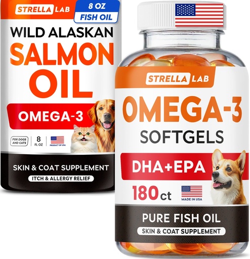 [BRSREHTROQMQYE37] STRELLALAB Omega 3 Salmon Oil + Softgels Bundle – Skin, Coat & Itch Relief + Joint & Heart Support – EPA & DHA Fatty Acids – 8 Fl Oz Liquid + 180 Softgels – Reduce Shedding – Made in USA