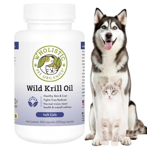 [BRSWGBAEBUHGECDU] Wholistic Pet Organics Krill Oil for Dogs and Cats - Premium Antioxidant Support for Pets - Cat and Dog Skin and Coat Supplement with EPA, DHA, Astaxanthin - Omega 3 for Dogs and Cats - 200 Soft Gels