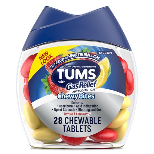 [BRSREGAPCMHAGGTF] TUMS Chewy Bites Chewable Antacid Tablets with Gas Relief, Lemon & Strawberry - 28 Count
