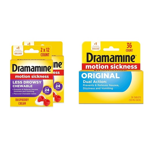 [BRSRAYYYAR7WCADB] Dramamine Motion Sickness Relief Chewable Tablets 2 Pack, Raspberry Cream Flavor, 12 Count and Original Tablets, 36 Count