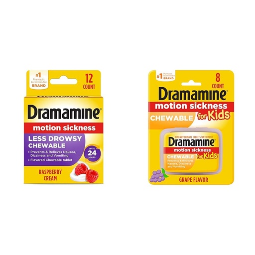 [BRSRAYIKDEFQID3U] Dramamine Motion Sickness Relief Chewable Tablets Bundle with Raspberry Cream Flavor 12 Count and Grape Flavor for Kids 8 Count