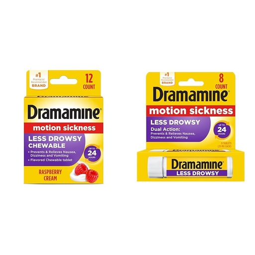 [BRSRAYYYBAIQEH35] Dramamine Motion Sickness Relief Less Drowsy Chewable Raspberry Cream Flavor Tablets 12 Count and Tablets 8 Count Bundle