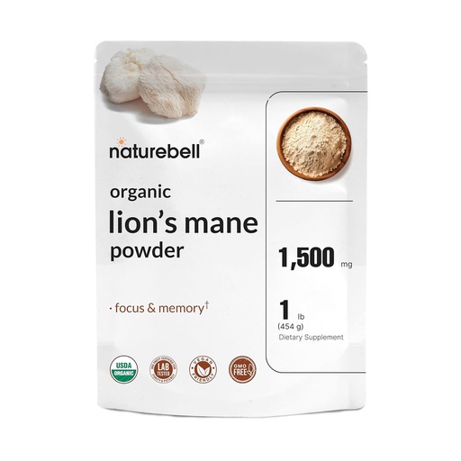 [BRSROFAZPIGRE2TO] NatureBell Organic Lion’s Mane Powder 1,500mg - 1 lb - Brain, Focus & Memory Support* - Whole Fruiting Body & Mycelium - Non-GMO & Gluten-Free
