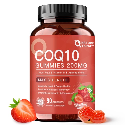 [BRSRACQ7OUDW2HI7] NATURE TARGET CoQ10 Gummies 200mg – High Absorption Coenzyme Q10 Supplements for Heart, Energy & Antioxidant with PQQ，Zinc & Ashwagandha, Strawberry Flavor, 90 Count