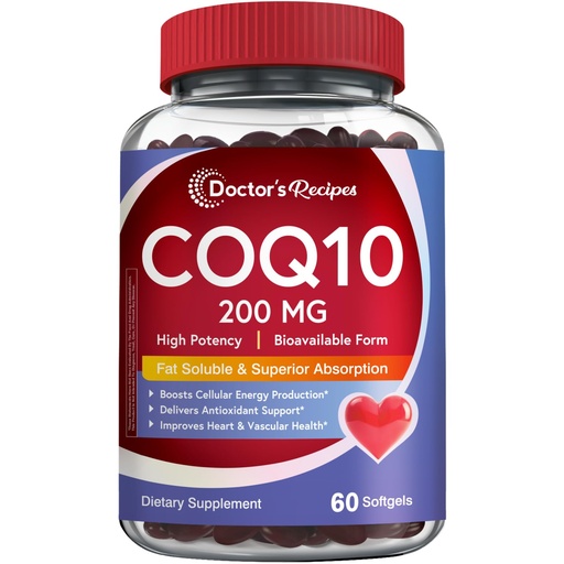 [BRSRACQCCIOWAH3A] Doctor's Recipes CoQ10 200mg, 60 Softgels, Highly Absorbable Coenzyme Q10, Antioxidant Support & Cellular Energy Boost, Improves Heart, Vascular & Muscle Health, Non-GMO, No Gluten Dairy