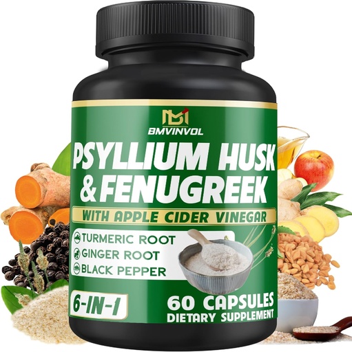 [BRSRA233CF4GGFY6] BMVIN Psylli Husk Fiber suplementari t amb Fenugreek, Apple Cider Vinegar, Turmeric, Ginger, implementació de Salut Pepper-Spperion - 60 Capules